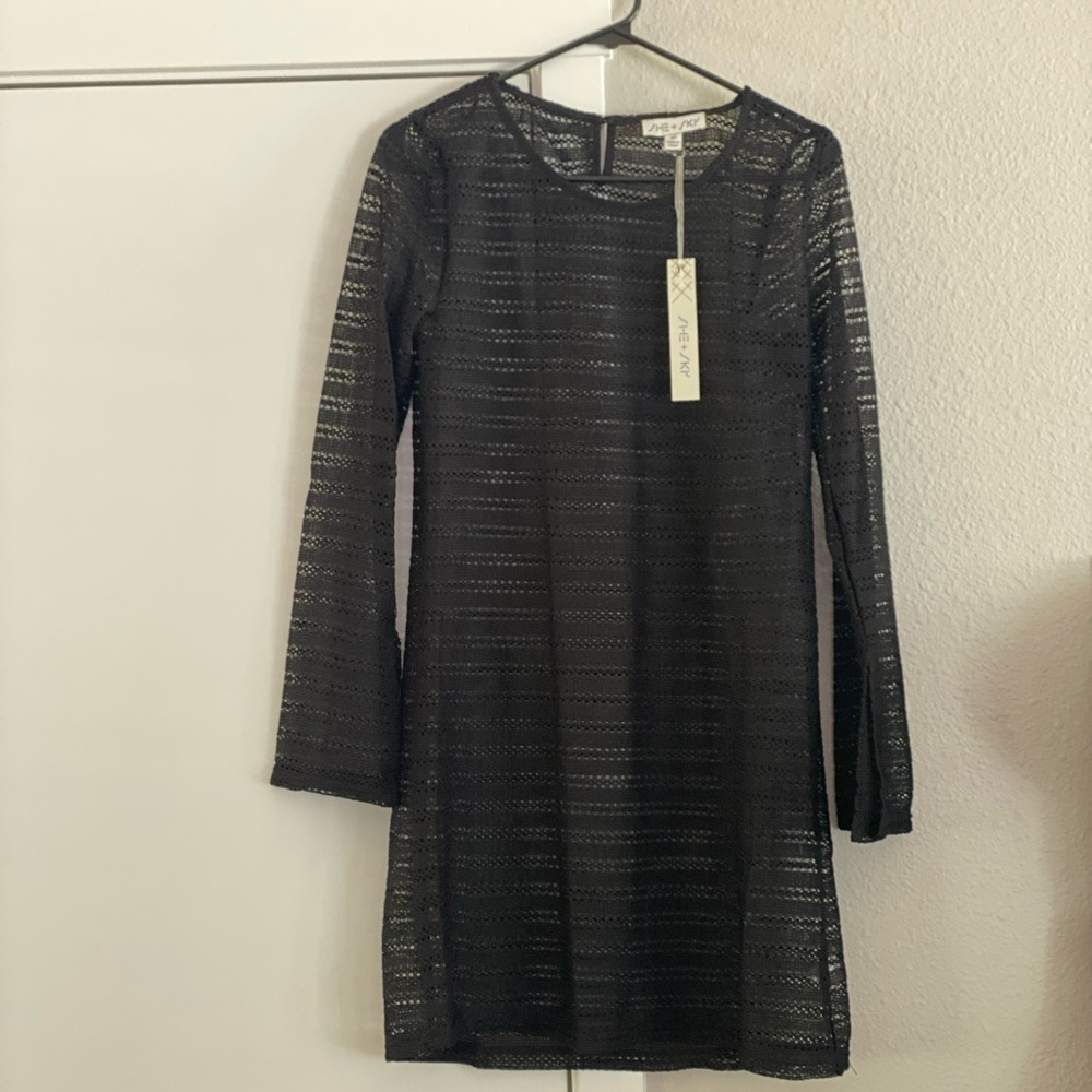 She + Sky Black Textured Long Sleeve Cover Up